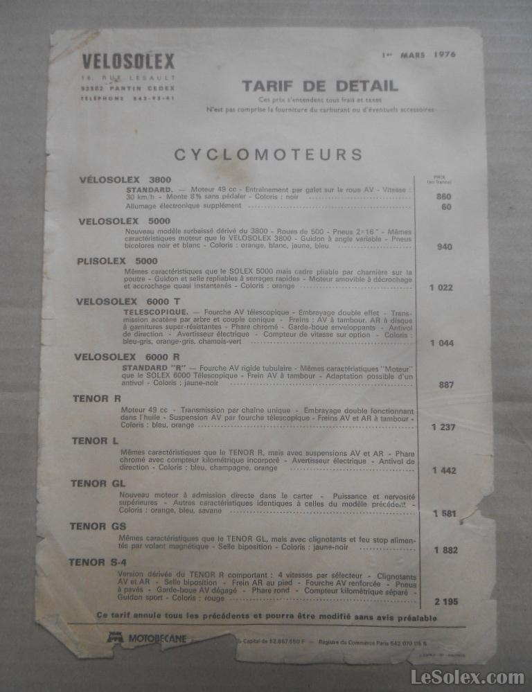 Tarif solex cyclomoteurs 1er mars 1976