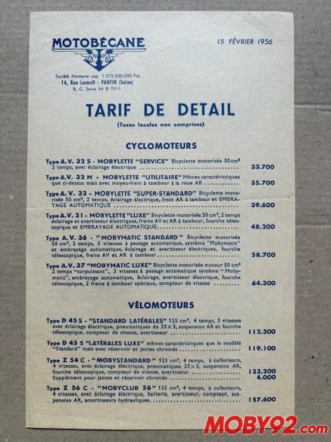 tarif de detail motobecane 1956