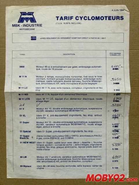 tarif cyclomoteur motobecane 1984