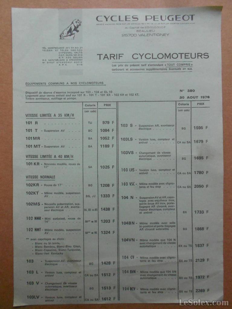 Tarif des cyclomoteurs peugeot aout 1976